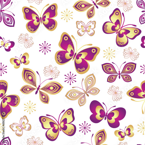 Vector seamless pattern with golden gradient butterflies on a transparent background