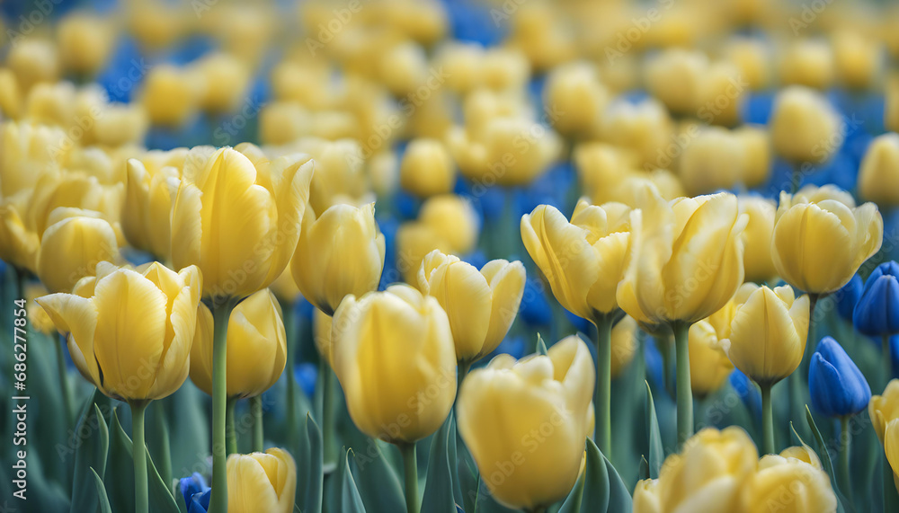 Obraz premium Tulips flowers yellow-blue. Floral background. Close-up. Nature.