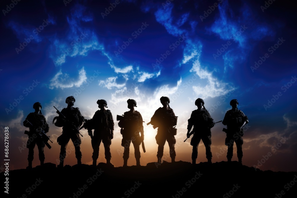 A group of soldiers standing on top of a hill. This image can be used to depict teamwork, leadership, or military themes. A group of soldiers standing on top of a hill. This image can be used to depict teamwork, leadership, or military themes.
