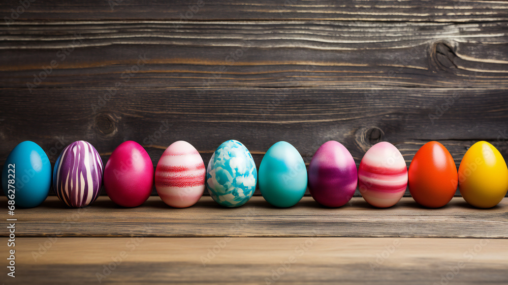 easter background - colorful painted easter eggs in a row in front of a wooden background easter background - colorful painted easter eggs in a row in front of a wooden background