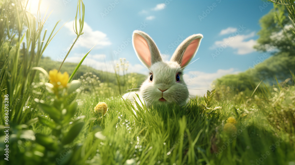 Happy easter, eastern Cute easter bunny meadow rabbit a grass, nature. Easter Eggs, eastern decoration concept for greetings and presents on Easter Day celebrate time / Copy Space
