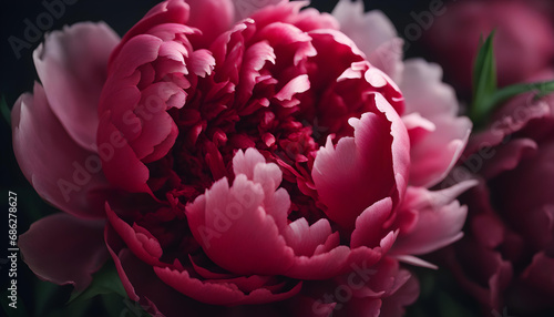 Red peony flower close-up with selective focus and dark blurred background.