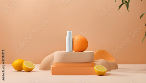 Minimal abstract cosmetic orange background for product presentation. stone, wood shape