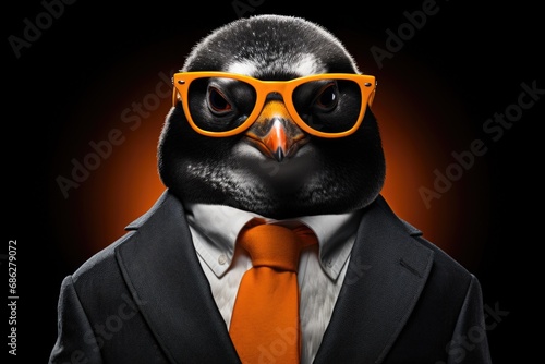 A penguin dressed in a formal suit and orange tie. This image can be used to depict professionalism, formal events, or even a whimsical twist on business attire.