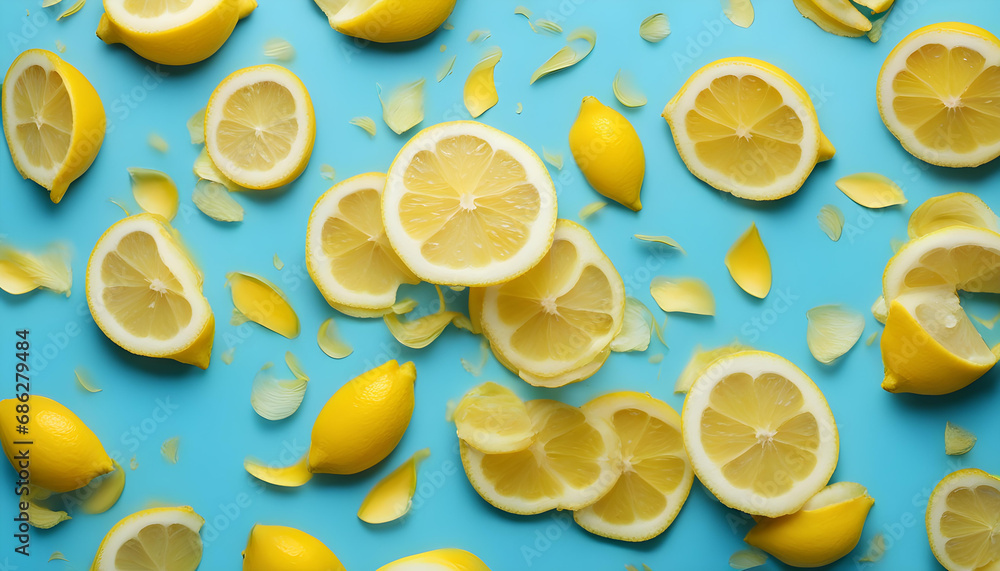 Creative summer layout made of lemon and yellow flower petals on bright blue background.