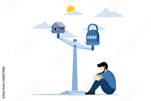 Debt Concept, Financial Planning, Scales for weighing a house and an iron ball as a debt, house collateral debt. business people are stressed because they are unable to pay their debts.