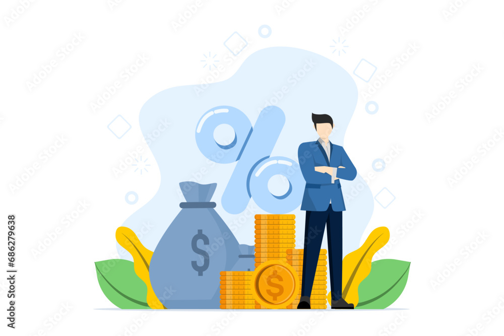 tax payment concept, character standing next to a sack of money and coins, debt payment, tax deduction, flat vector illustration, suitable for backgrounds, landing pages, advertising illustrations.