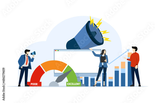 concepts of marketing, promotion, impactful communication and digital marketing. Big laptop and noisy megaphone, Speaker announces news to target audience. flat vector illustration.