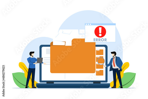 Error and warning concept of damaged or corrupted files. People checking damaged file error warning, Computer diagnostics and digital technology, isolated flat vector illustration.