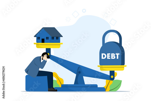 Debt Concept, Financial Planning, Scales for weighing a house and an iron ball as a debt, house collateral debt. business people are stressed because they are unable to pay their debts.