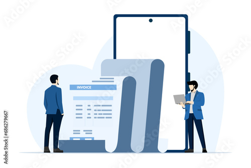 Taxation concept. tax statement. The character prepares documents to calculate taxes, creates income tax returns, and calculates business invoices. Flat vector illustration on white background.