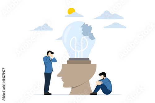 Bad idea concept, Problems with idea, broken idea, business team standing near broken light bulb, problems at work, insight and brainstorming. Failed start-up, project or innovation metaphor.
