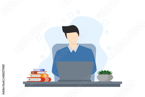 Working from home concept, character using a laptop This design can be used for education, freelance, worker characters working using laptops and computers at home. flat vector illustration.