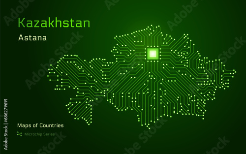 Kazakhstan, Qazaqstan Map with a capital of Astana Shown in a glowing Microchip Pattern. E-government. World Countries vector maps. Microchip Series 