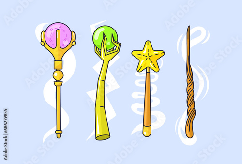 A set of magic wands and magic staffs-spheres. Flat vector illustration with outline.