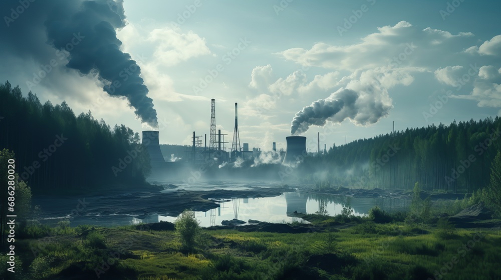 An image of a power station that is emitting CO2 in close proximity to a forest.