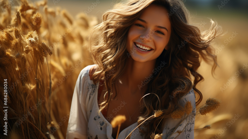 portrait of a girl of model appearance in wheat, a girl sits in a wheat field and smiles