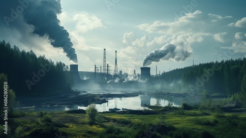 An image of a power station that is emitting CO2 in close proximity to a forest. photo