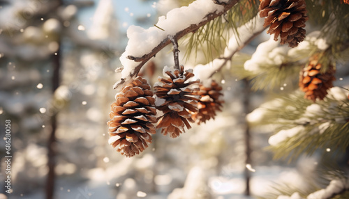 Pine cones close-up with snow in the forest background