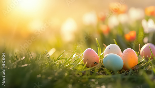 Eggs in pastel colors at sunset on a field, easter concept