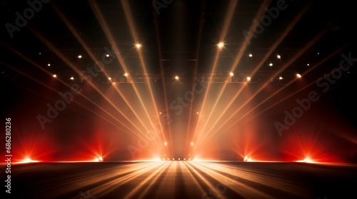The background of the stage is illuminated by rays of light from spotlights