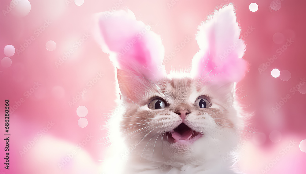 Cute cat put on pink bunny ears, easter concept