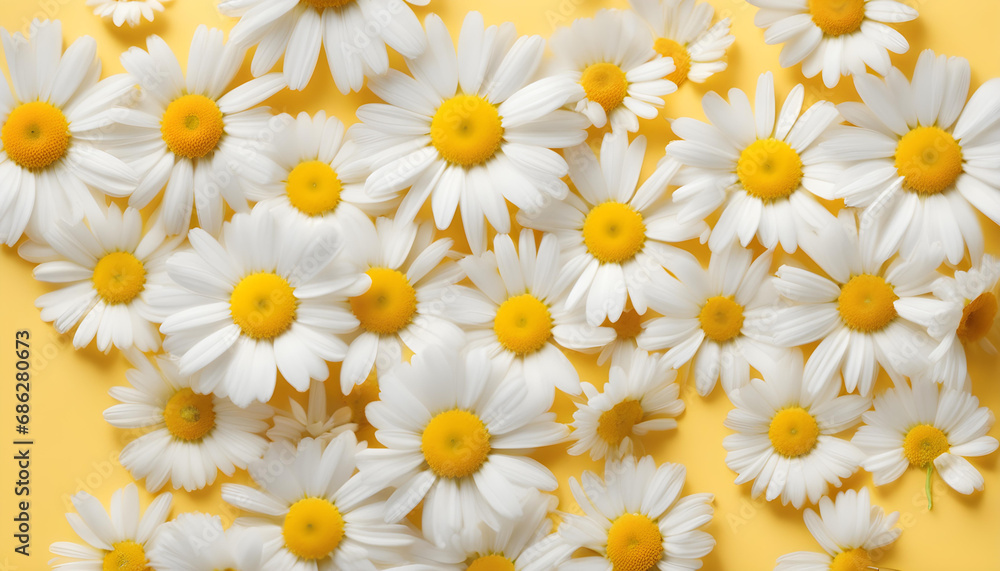 Flowers composition. Chamomile flowers on yellow background Flowers composition. Chamomile flowers on yellow background