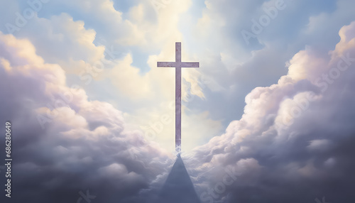 The cross shines and descends from the sky with the sun's glow, easter concept