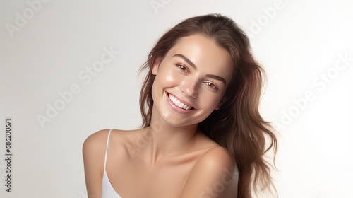A waist-length portrait of a female who is feminine  cute  and happy  smiling while touching her pure  clean skin. She grins happily as she removes blemishes and acne  feeling relived. A