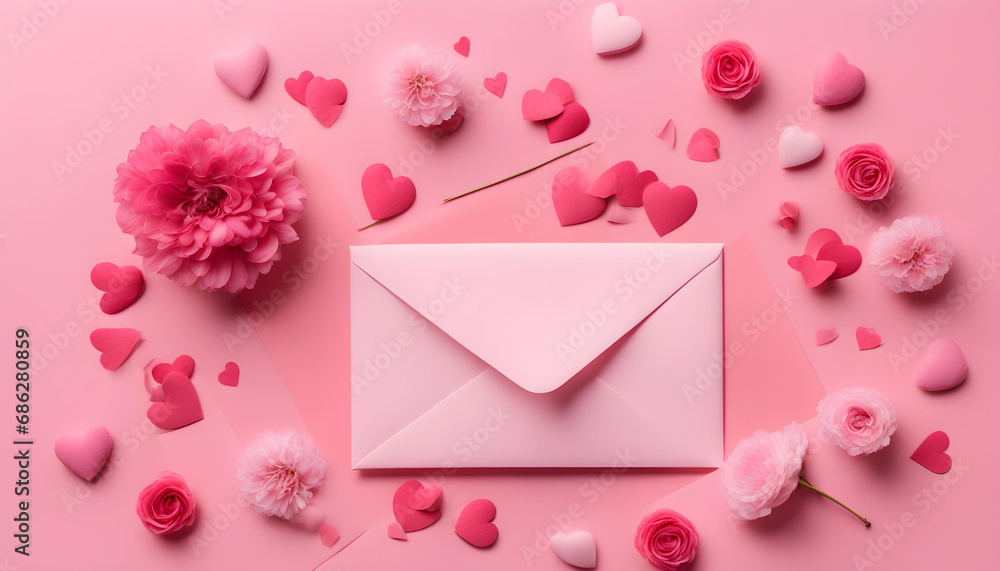 Valentine's Day background. Pink flowers, envelope, hearts on pastel pink background.