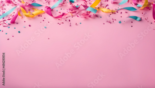 Delicate pink party background with colorful streamers