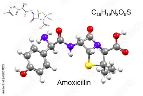 Chemical formula, structural formula and 3D ball-and-stick model of antibiotic amoxicillin photo
