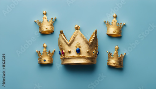Traditional Three King's Day of January 6. Three gold crowns on blue background. photo
