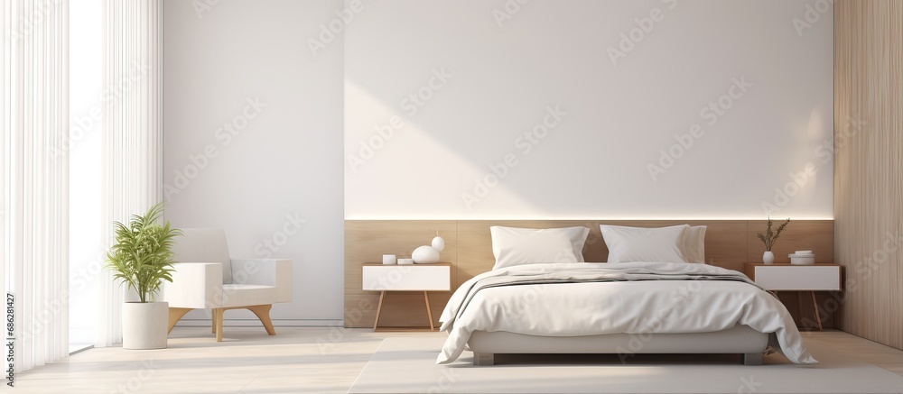 a king size bed in a white bedroom corner with a small bathroom in the background