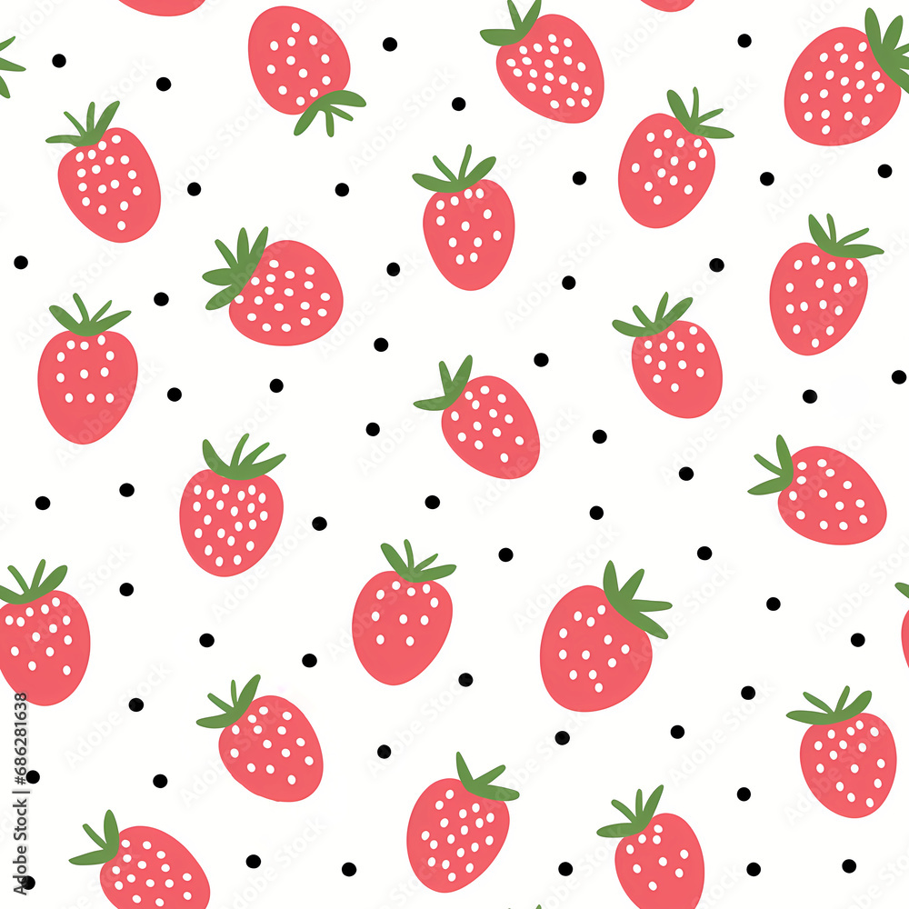 Seamless Pattern with red strawberries, black polka dots on white background. Simple hand drawn strawberries with green tips. For graphic design, printing, packaging paper, wallpaper, interior Seamless Pattern with red strawberries, black polka dots on white background. Simple hand drawn strawberries with green tips. For graphic design, printing, packaging paper, wallpaper, interior