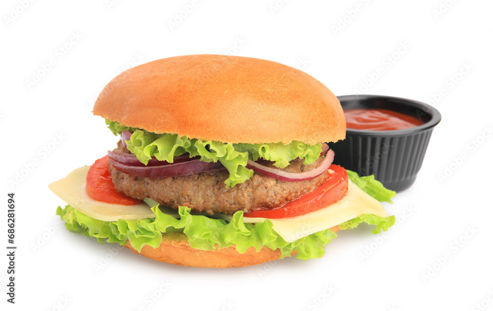 Tasty burger with vegetables, patty, cheese and ketchup isolated on white Tasty burger with vegetables, patty, cheese and ketchup isolated on white