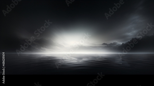 Calm ocean with a dramatic dark cloudy sky, still water, and the horizon centered in panoramic format. This background is perfect for elegant product showcases and Captivating promotional visuals.