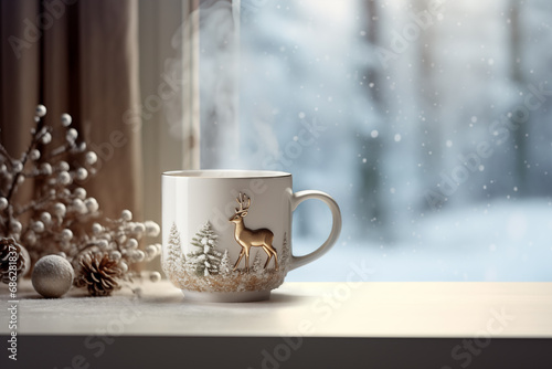 Hot steaming coffee or tea cup in christmas reindeer design standing on table with background of winter forest photo