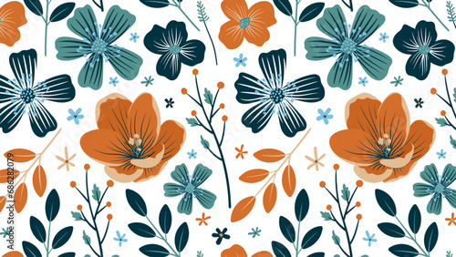 Seamless floral pattern with flowers and leaves. Vector illustration.