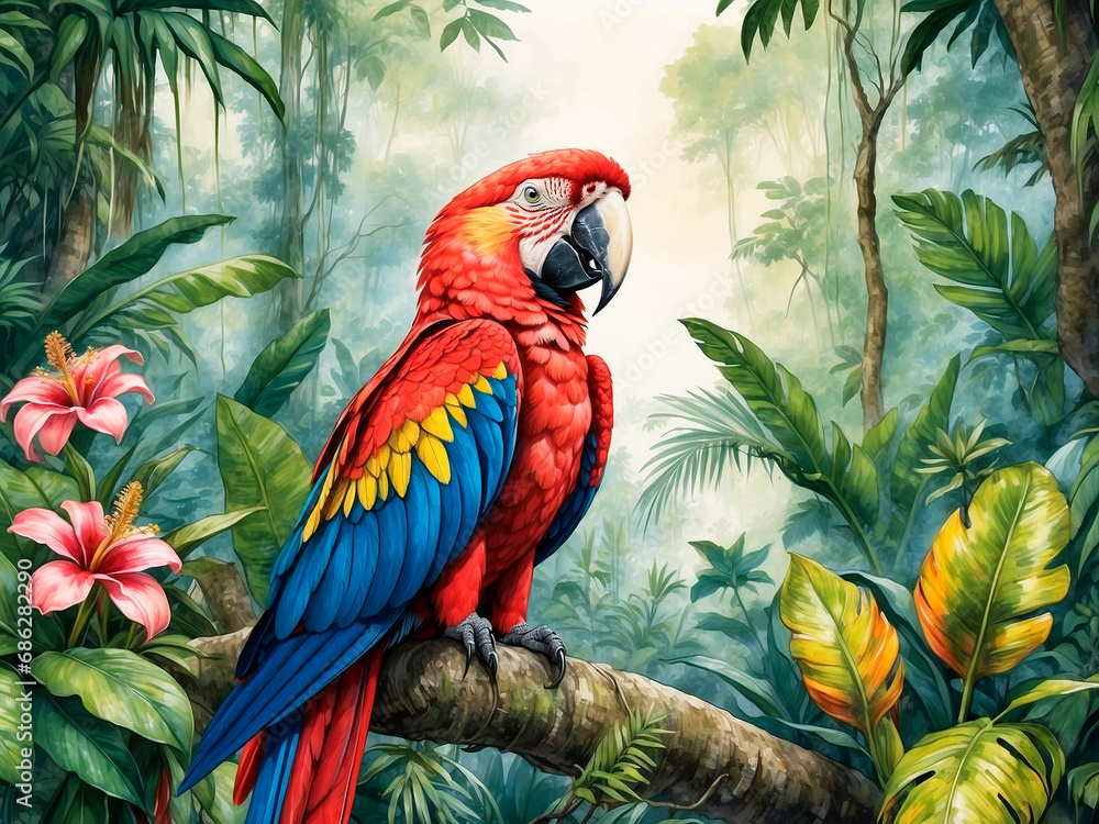 Beautiful scarlet macaw in the forest, drawn in watercolor.