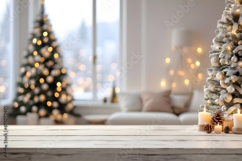 Empty wooden table with christmas theme in background. Christmas decorations on a white background.
