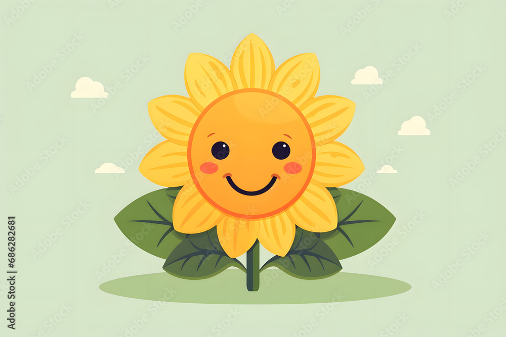 Cute sunflower cartoon with smile. Flower background.