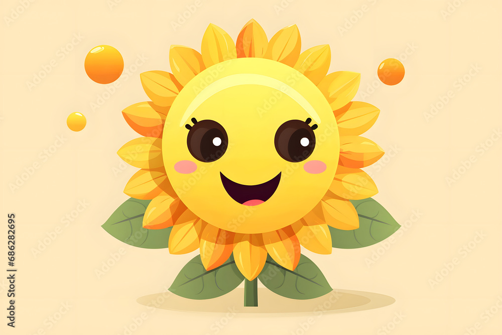 Cute sunflower cartoon with smile. Flower background.