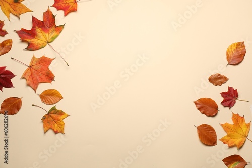 Beautiful autumn leaves on beige background, flat lay. Space for text