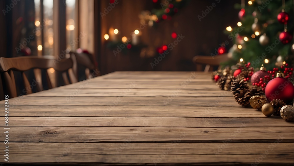 Empty wooden table top with blurred christmas background. Holiday backdrop, Mock up banner for display of advertise product. Empty wooden table top with blurred christmas background. Holiday backdrop, Mock up banner for display of advertise product.