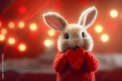 Cute, funny bunny cradling a vibrant red heart in its arms. This heartwarming scene embodies the essence of love and affection. Ai generated © twindesigner