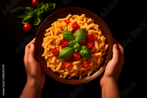 a plate of fusilli pasta with a little cherry tomato and grated cheese. fresh basil leaf on top of the pasta. The person is not fully visible, only the hands. Background with copy space. Realistic, hi photo