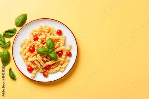 a plate of fusilli pasta with a little cherry tomato and grated cheese. fresh basil leaf on top of the pasta. . Background with copy space. Realistic, hi
