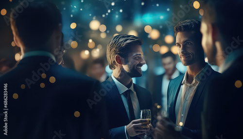 Man in business suit holding a glass of champagne at a party, business concept