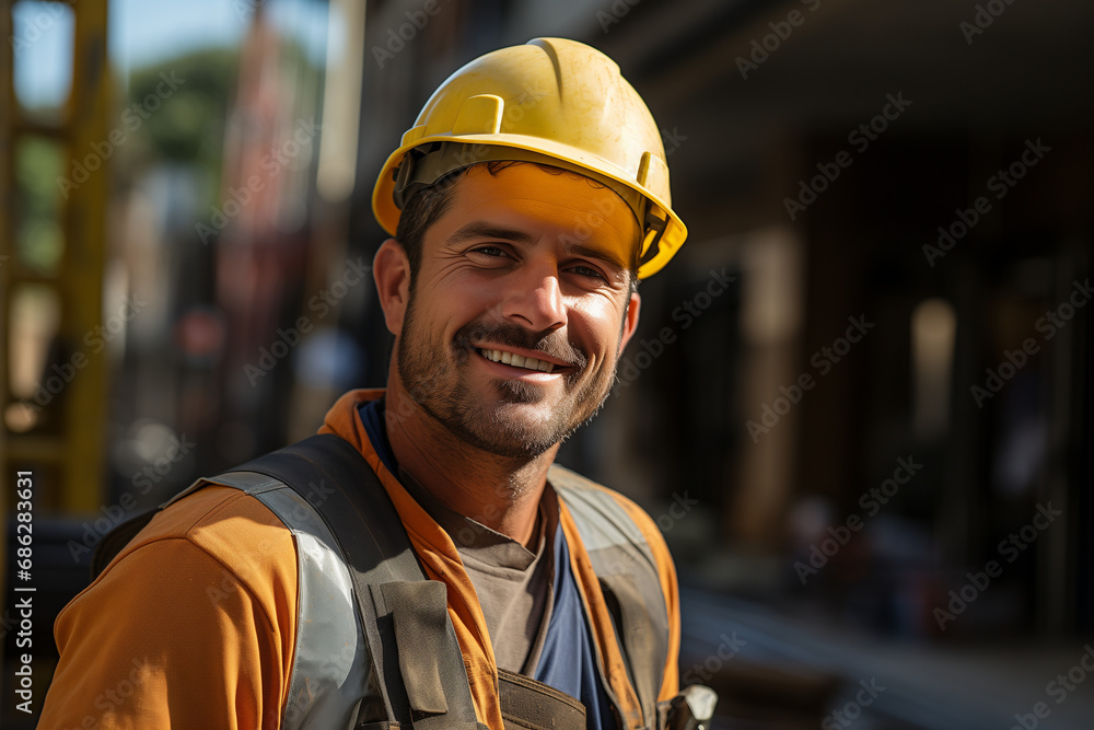 Professional Worker Portrait: Male Construction Worker in Hardhat Smiling Outdoors Professional Worker Portrait: Male Construction Worker in Hardhat Smiling Outdoors